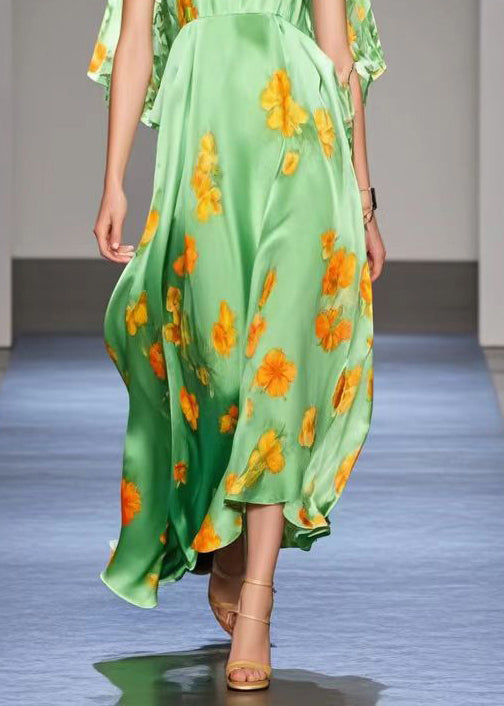 Green Cold Shoulder Print Silk Long Dresses Summer