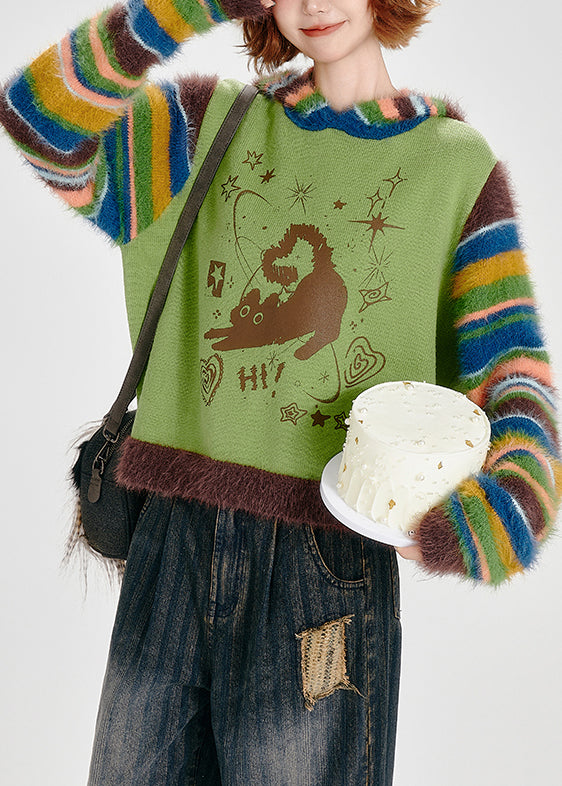 Grass Green Hooded Patchwork Striped Knit Sweatshirt Winter
