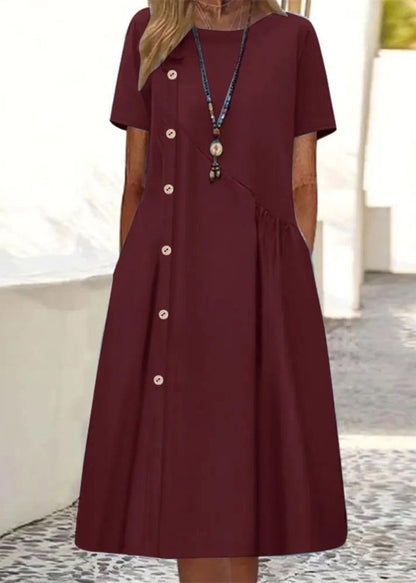 Blue O Neck Pockets Patchwork Cotton Dress Summer