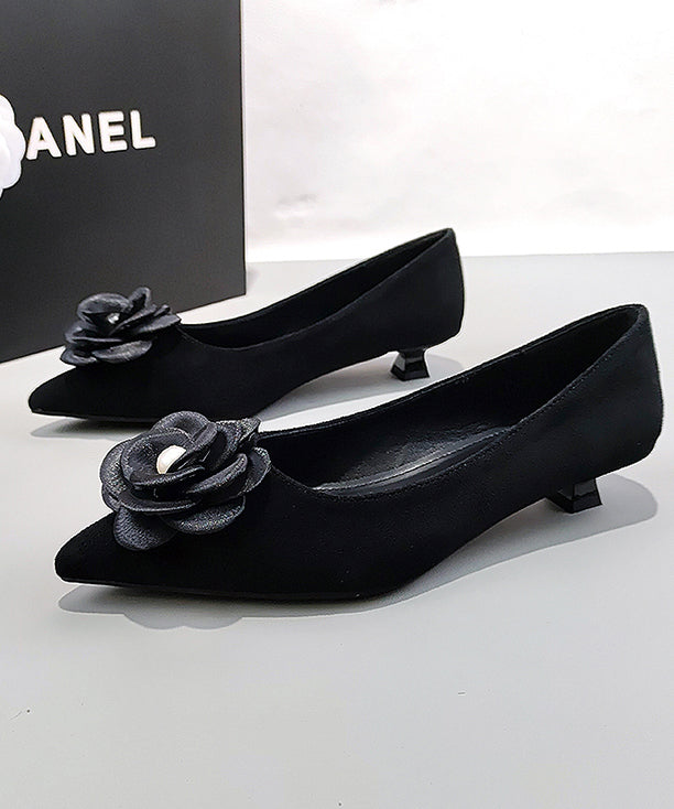 Black Suede Splicing Kitten Shoes Pointed Toe