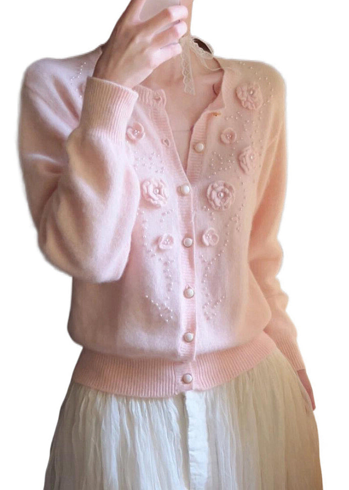 Pink Decorated Nail Bead Knit Cardigan Winter
