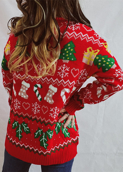 Stylish Red O Neck Jacquard Thick Christmas Knitted Sweaters Winter