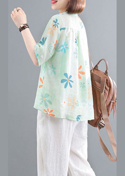 Green O-neck Button Wrinkled Print Cotton Shirts Half Sleeve