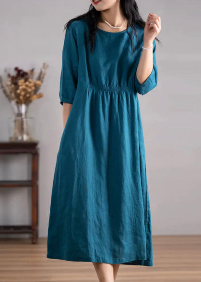 Blue O Neck Pockets Wrinkled Linen Dresses Summer