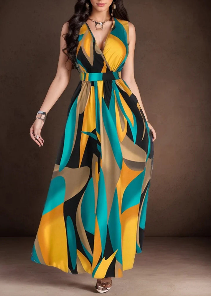 V Neck Print Wrinkled Cotton Dress Sleeveless