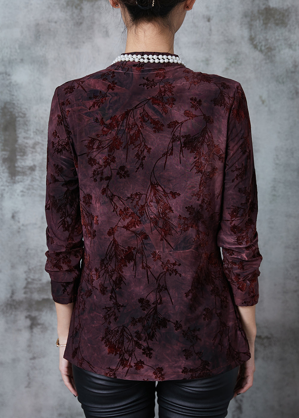 Dull Purple Mandarin Collar Jacquard Velour Oriental Tops Fall