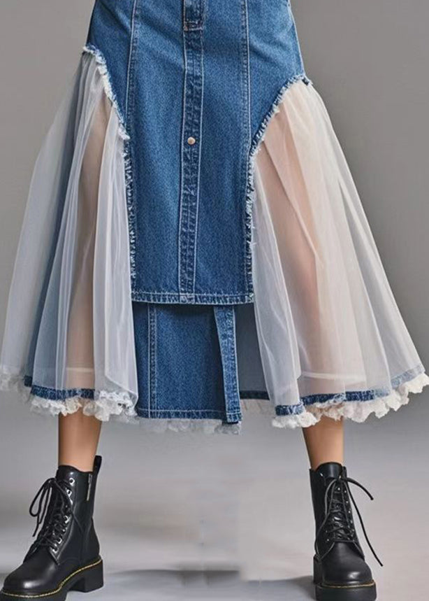 Art Blue Silm Fit Patchwork Tulle Denim a Line Skirt Spring