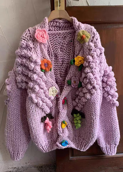 Purple V Neck Button Cozy Knit Cardigans Winter