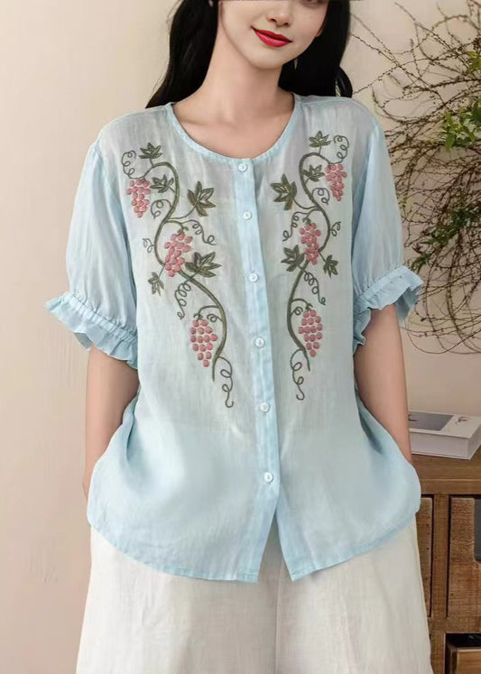 Blue Embroidered Linen Top Summer