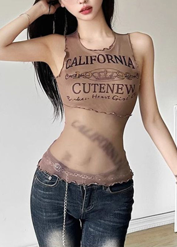 Fitted Coffee O-neck Graphic Ruffled Tulle Tops Sleeveless