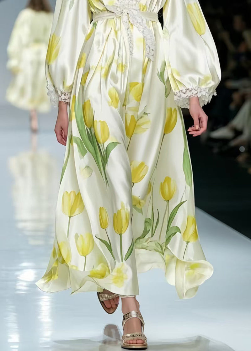 Yellow Silk Party Dress Tie Waist Spring