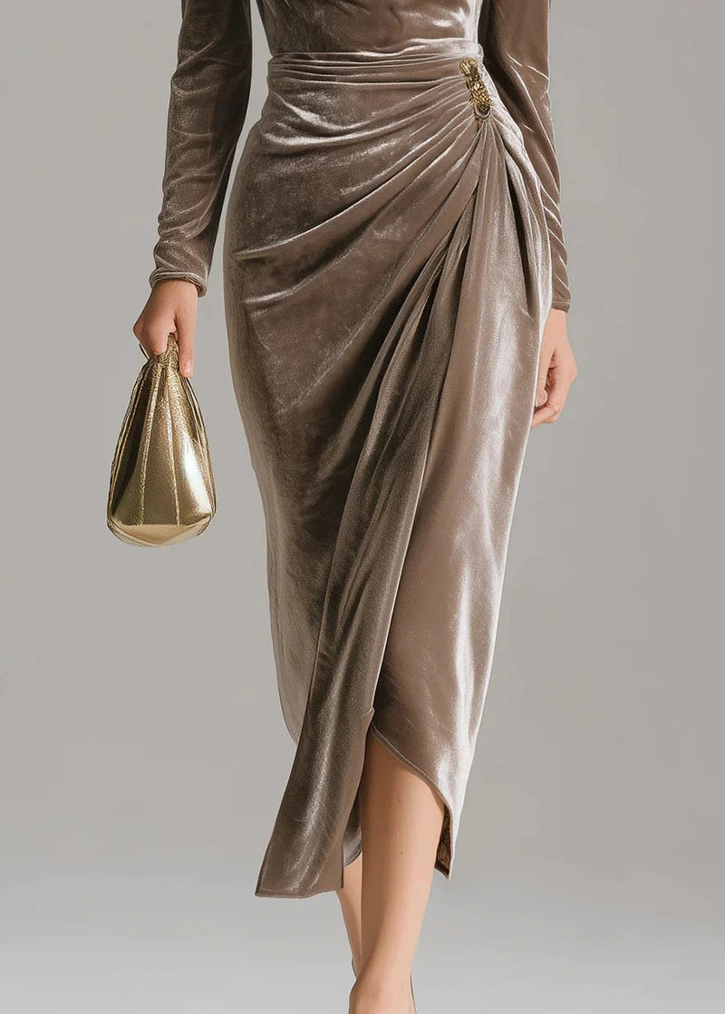 French Brown Square Collar Wrinkled Patchwork Velvet Dress Fall