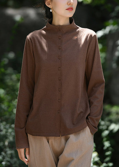 New Coffee Half High Neck Embroidered Button Cotton Top Spring