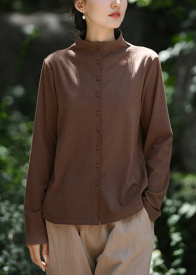 New Coffee Half High Neck Embroidered Button Cotton Top Spring