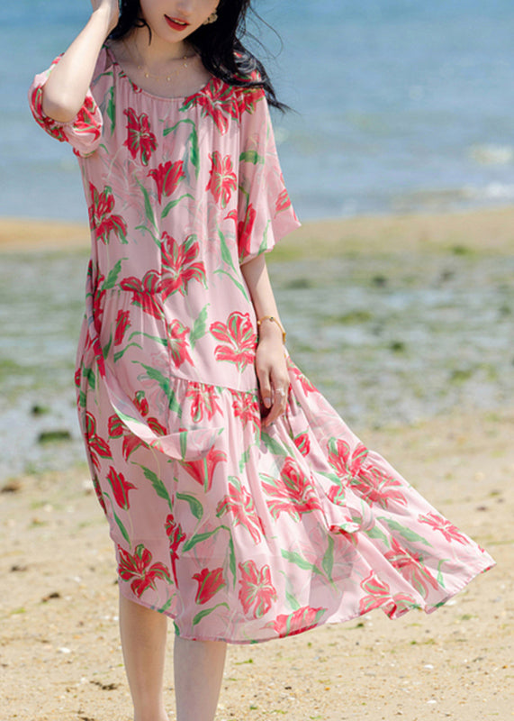 Pink Print Patchwork Chiffon Long Holiday Dress Summer