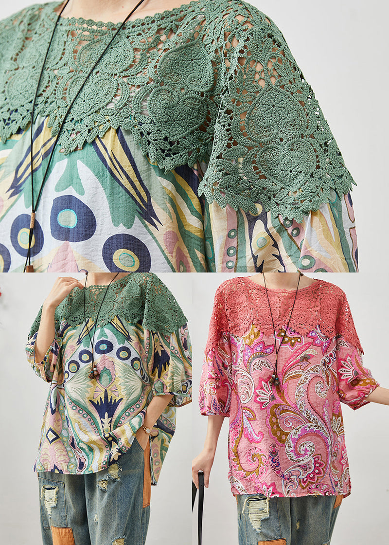 Green Patchwork Lace Blouse Tops Print Bracelet Sleeve