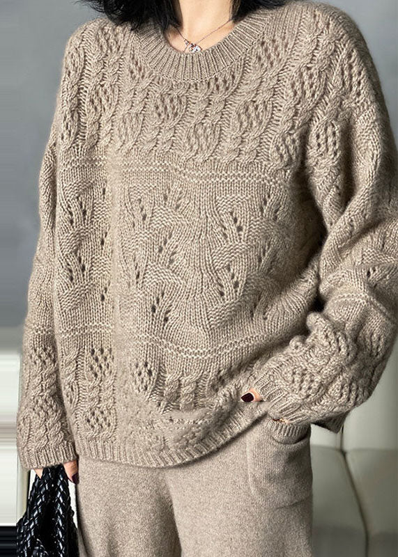 Khaki O-neck Oversized Thick Hollow Out Knitted Tops Winter