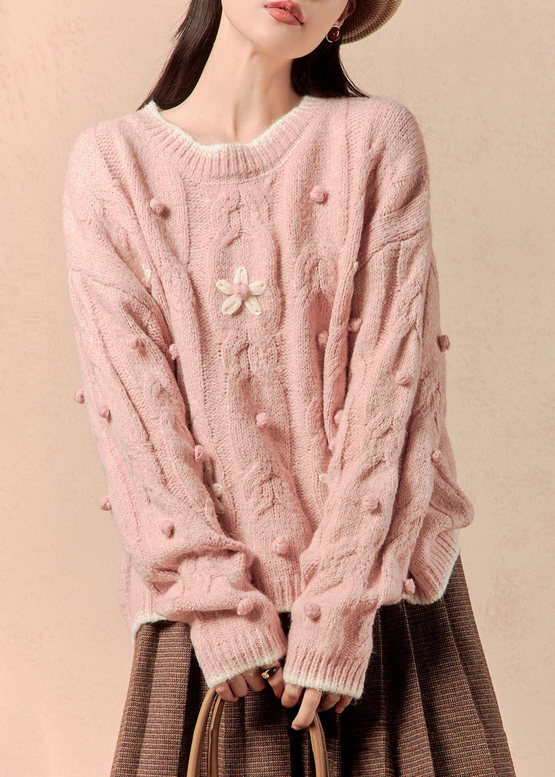 Pink Cozy Cotton Knit Sweaters O Neck Spring