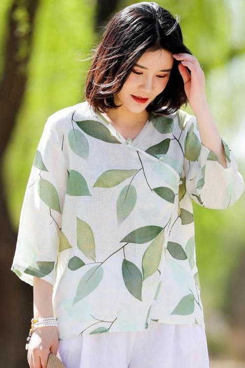 Green Print Cotton Linen Summer Tops Loose Blouse