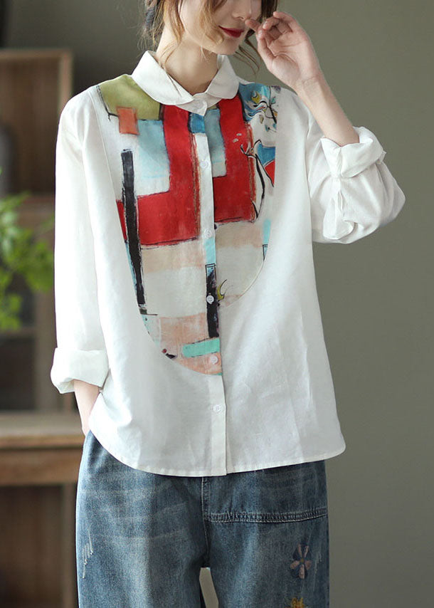 White Peter Pan Collar Print Linen Shirt Top Long Sleeve