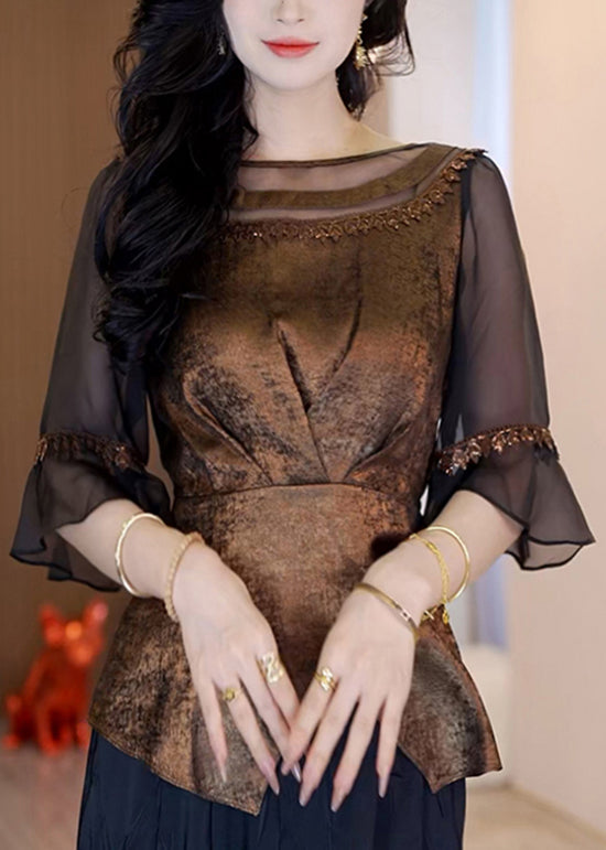 French Style New Coffee Asymmetrical Patchwork Chiffon Top Summer