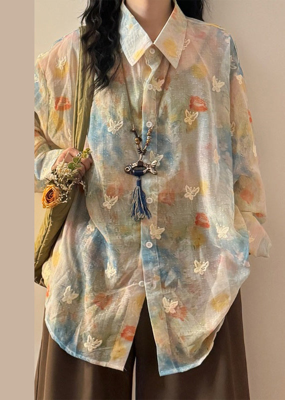 Rainbow Peter Pan Collar Butterfly Button Cotton Shirts Spring