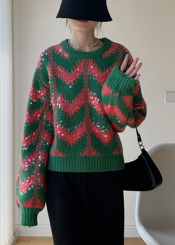 Green O Neck Sequins Patchwork Knit Sweaters Winter