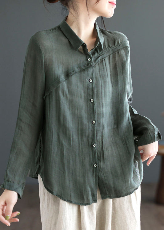 Green Peter Pan Collar Patchwork Linen Blouses Long Sleeve