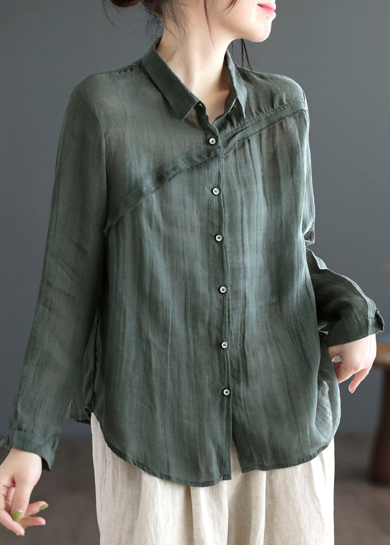 Green Peter Pan Collar Patchwork Linen Blouses Long Sleeve