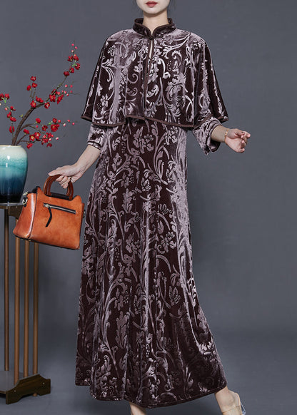 Chocolate Jacquard Silk Velvet Long Dress Two Piece Set Fall