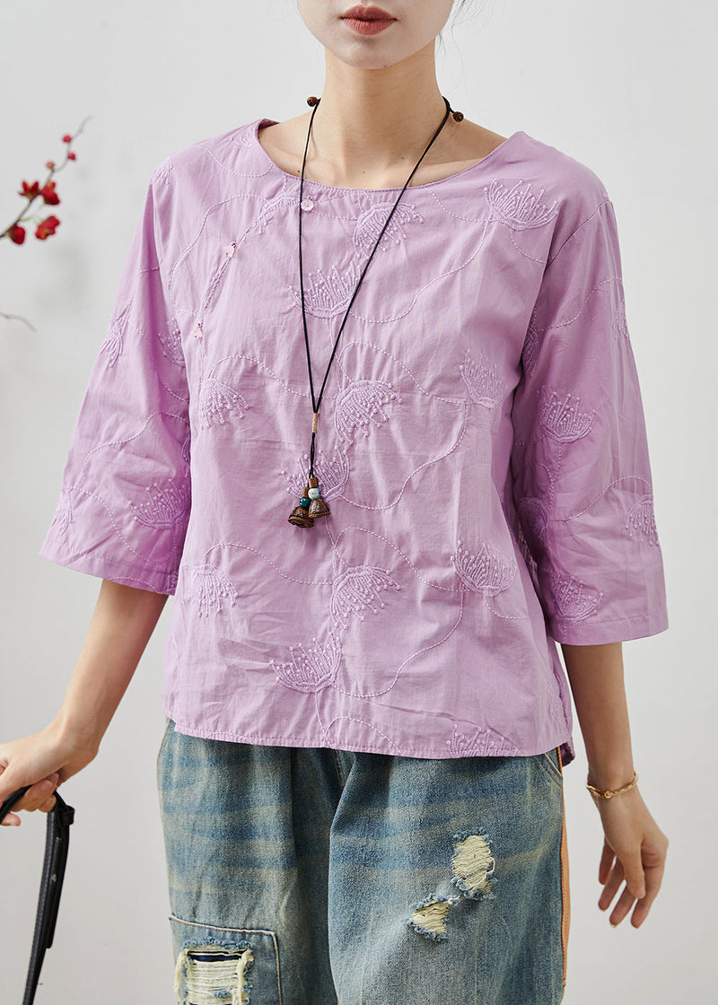 Purple Cotton Top O-neck Embroidered Summer