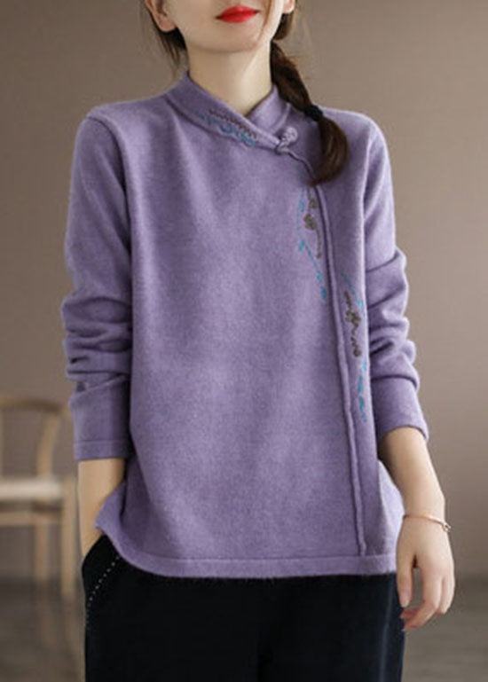 Blue Stand Collar Embroidered Thick Knitted Sweater Long Sleeve