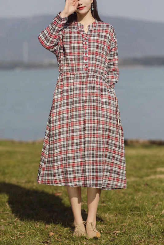 -new Cotton Linen Plaid Dress Long Skirt