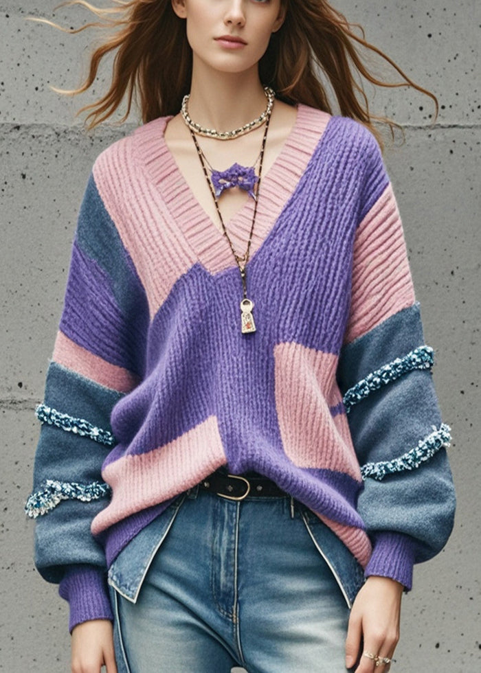 Purple V Neck Patchwork Thcik Sweaters Fall