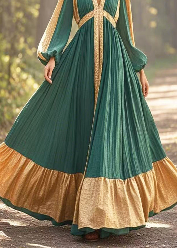 Blackish Green V Neck Patchwork Exra Large Hem Cotton Vestidos Dress Spring