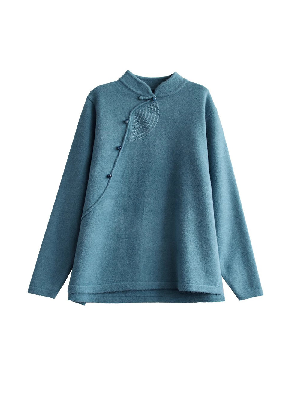 Retro Peacock Blue Stand Collar Knit Sweater Spring