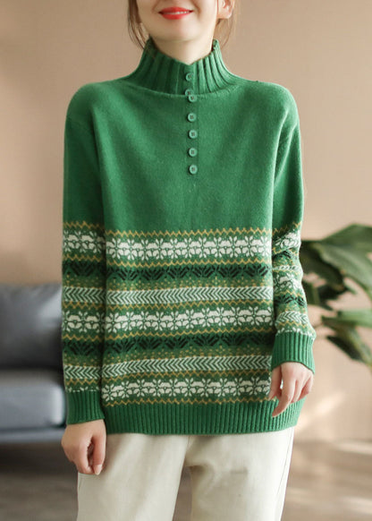Green Thick Knitted Sweaters Button Print Long Sleeve