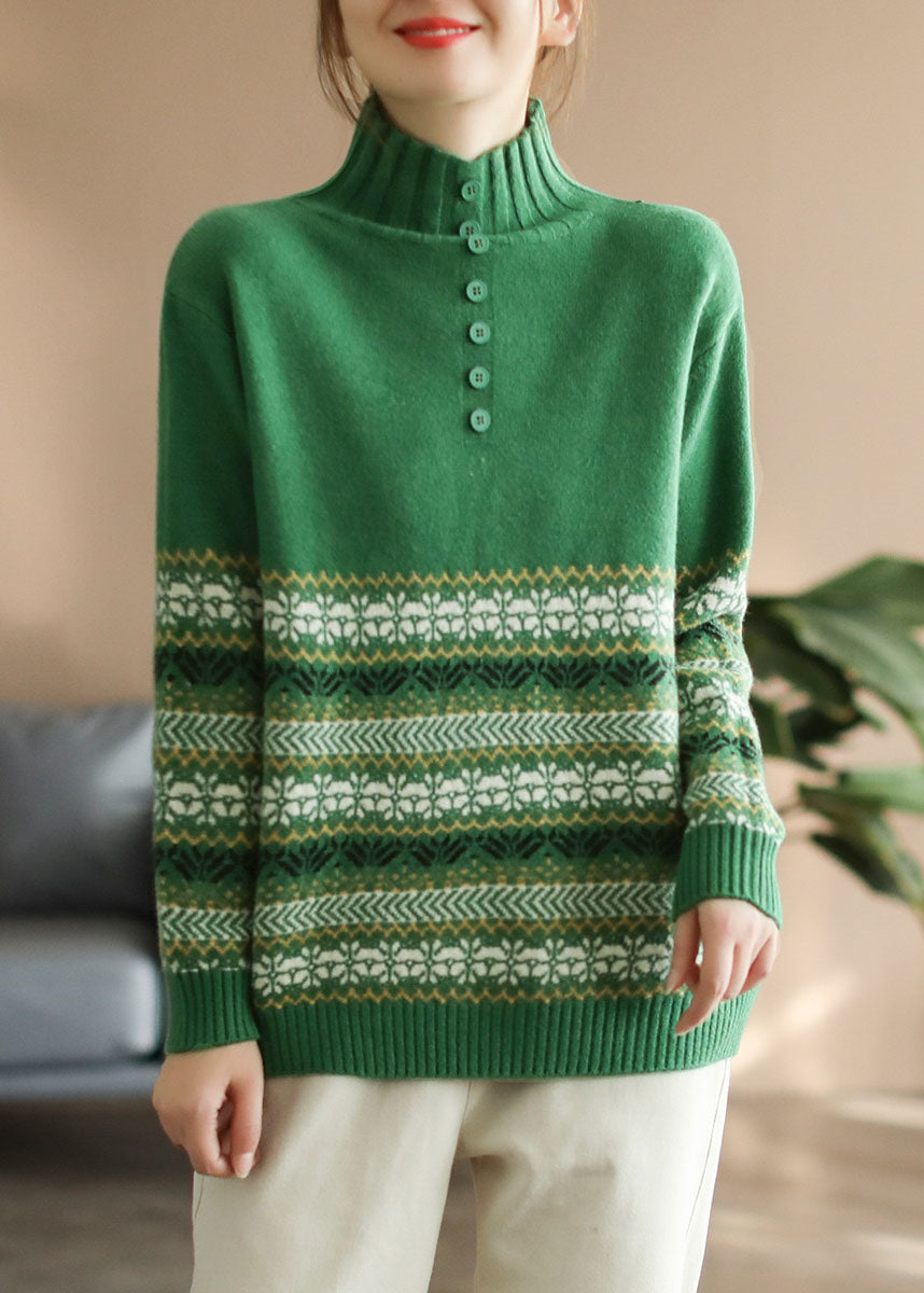 Green Thick Knitted Sweaters Button Print Long Sleeve
