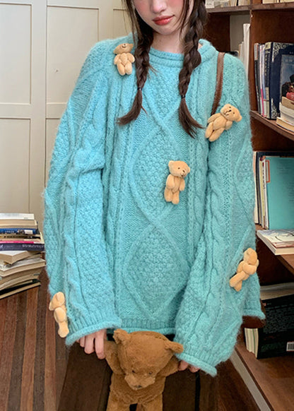 Modern Blue O-neck Little Bear Thick Cotton Knit Sweaters Fall