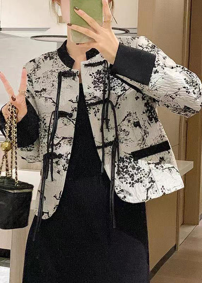 Chinese Style Black O-neck Button Cotton Coat Spring