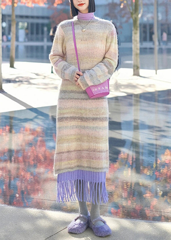 Striped O-neck Tassel Patchwork Ma Hai Mao Knit Dress Winter