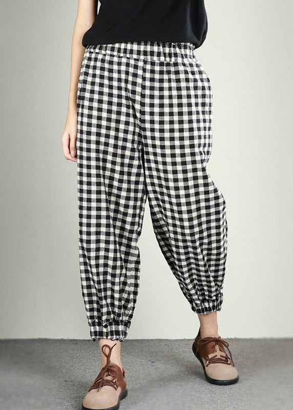 Plaid Linen Cotton Ankle Length Pants