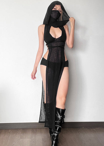 Black Side Open Hollow Out Hooded Sleeveless Dress