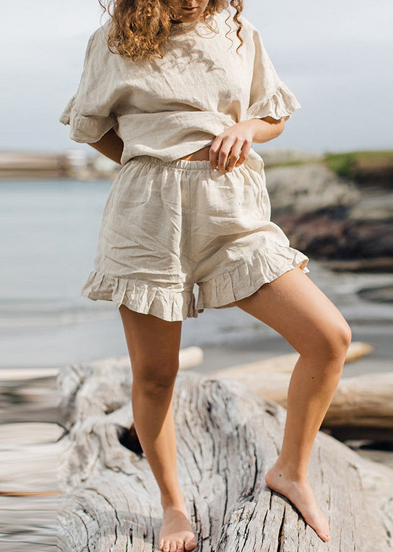 Linen Ruffled Tops and Shorts Two Pieces Set Summer