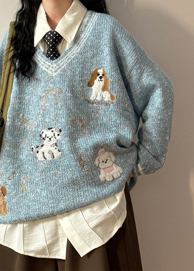 Blue V Neck Little Dog Bow Knit Sweater Spring