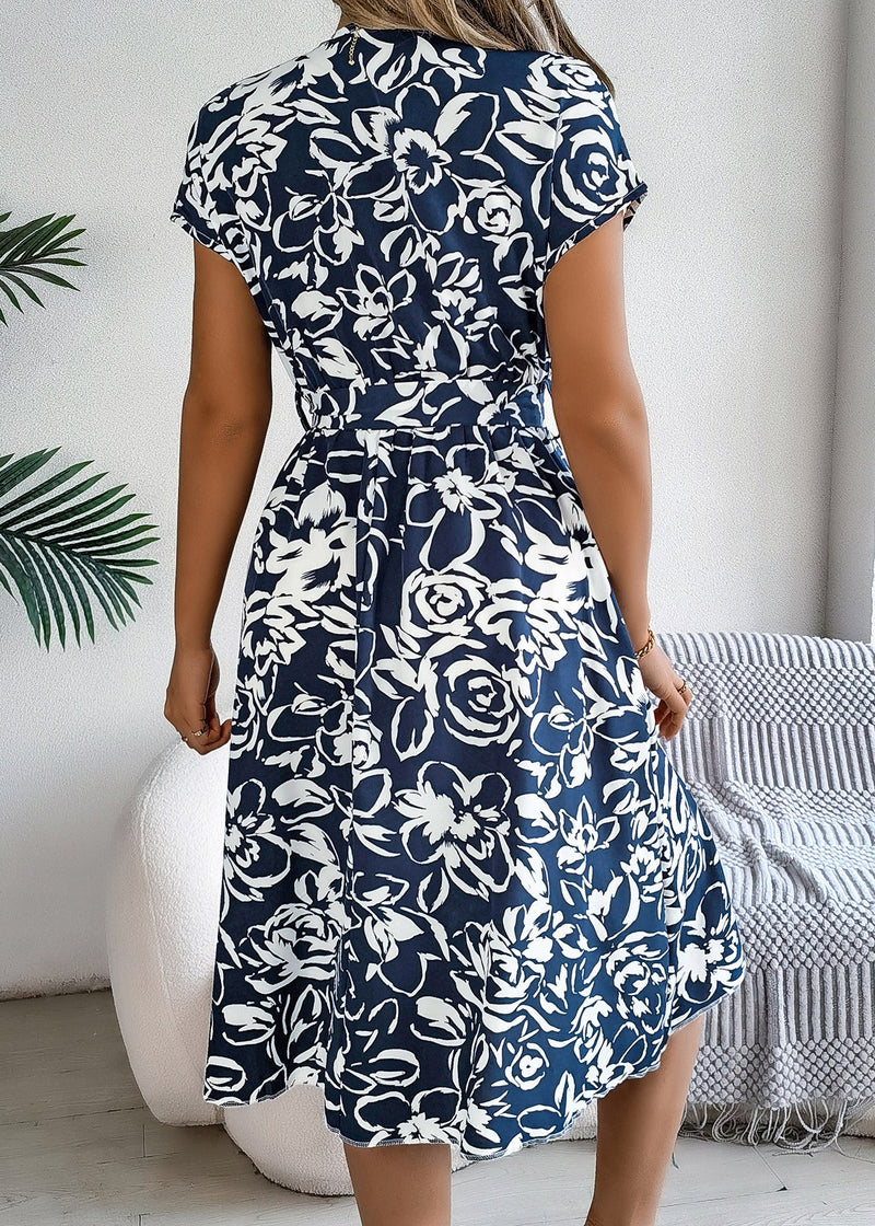 Navy V Neck Print Lace Up Chiffon Dresses Summer