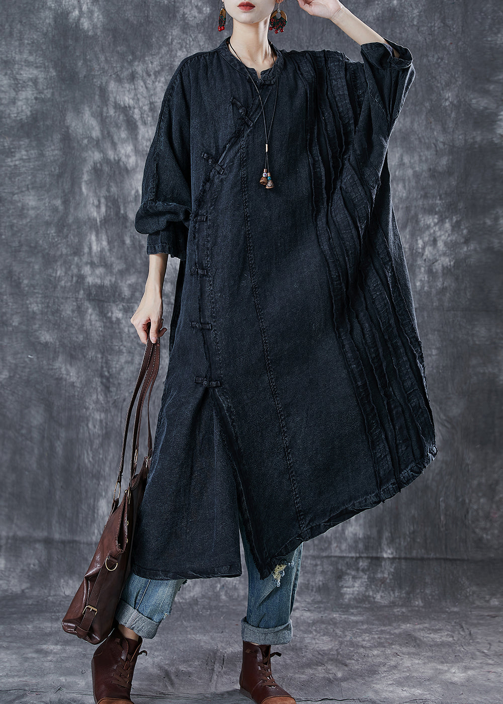 Black Oversized Wrinkled Denim Oriental Dress Spring