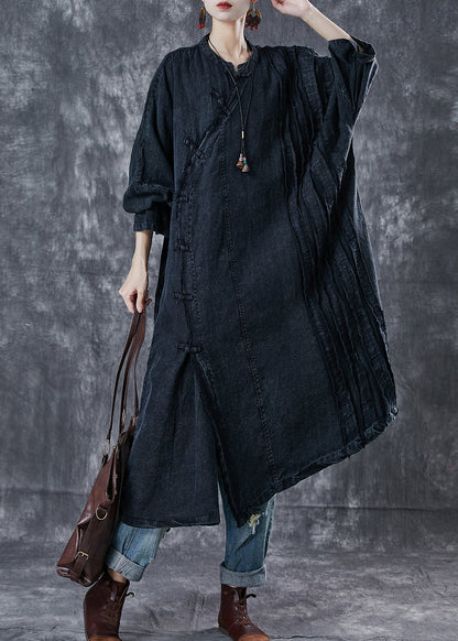 Black Oversized Wrinkled Denim Oriental Dress Spring