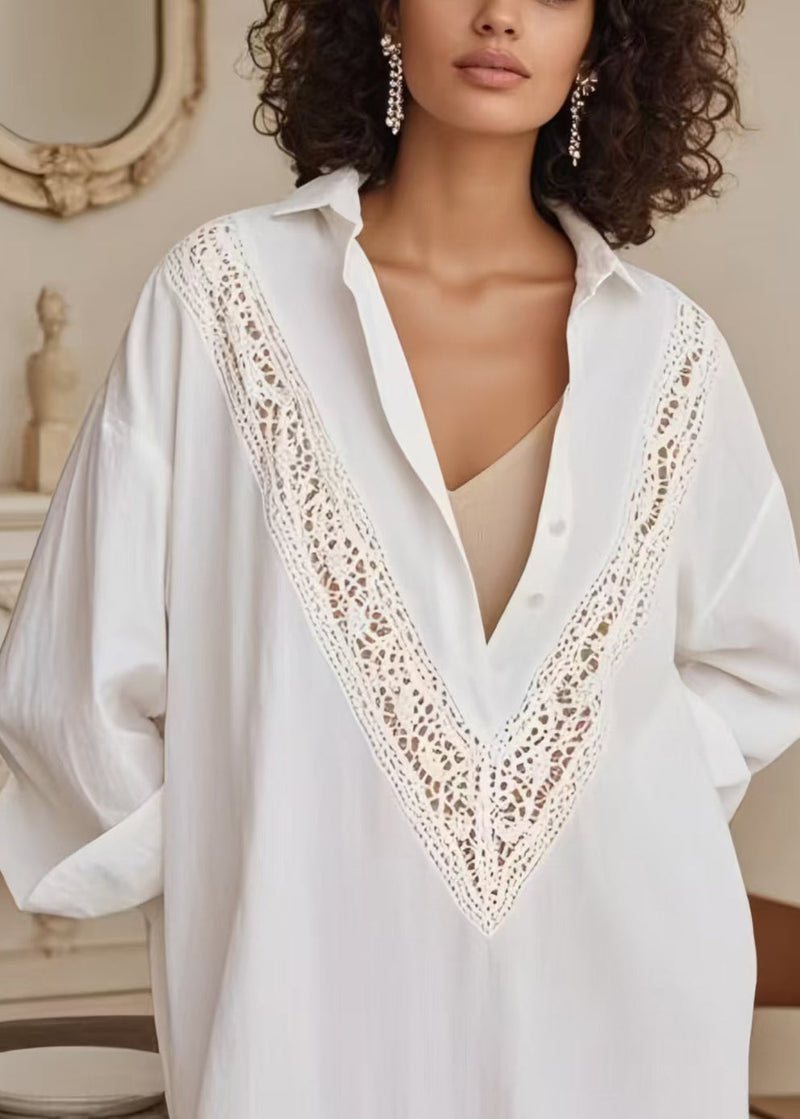 Style White Oversized Patchwork Lace Long Shirts Spring