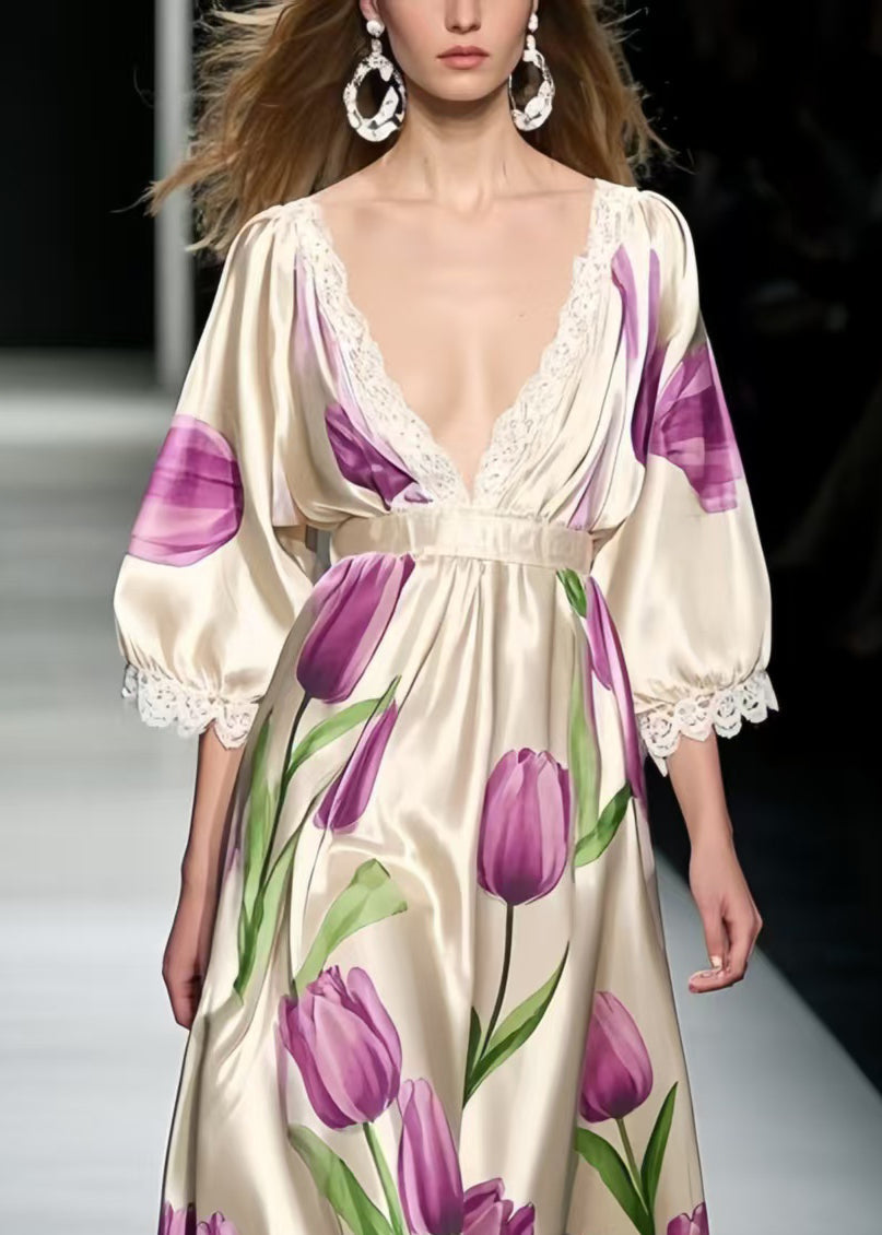 Classy Lavender Patchwork Lace Silk Maxi Dress Summer